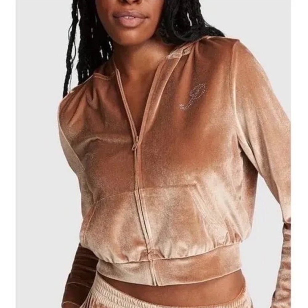 Victorias Secret Pink Velour Crop Hoodie Bling‎ Logo Caramel Full Zip NWT Medium